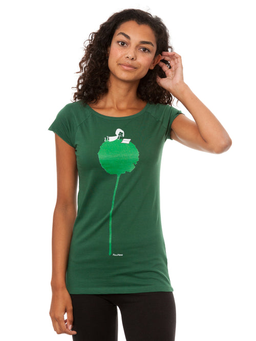 FellHerz Damen Cap Sleeve T-Shirt Blumenbuch in Scarab Green (Grün) aus 100% Bio-Baumwolle, fair und vegan produziert – Mädchen mit Buch zwischen Blumen
